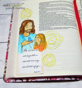 Bible journaling page with the scene colored in blues and golds in the margin, doodled circles, and the verse on a small panel.