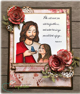 Vintage floral card with red paper roses, lace and the scene colored in reds and creams, with the verse on a banner.