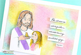 Pastel rainbow blended card with the scene colored in violet and yellow, and the verse stamped on three narrow strips.