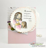 Pink polka dot card with a white doily circle behind the scene in soft pinks and greys, with the verse stamped across the top.