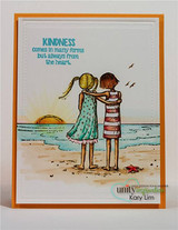 Card with the two friends colored in aqua and coral standing on a sandy beach at sunset, stitched white frame on orange, sentiment "KINDNESS comes in many forms but always from the heart."