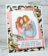The two girls colored in pink and blue on a black floral card, reading 'you will always be the sister of my soul & the friend of my heart.'