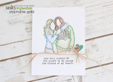 The two girls in blue and green on a clean white card, reading 'you will always be the sister of my soul & the friend of my heart.'