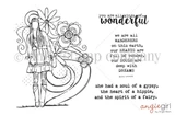 Black-and-white line-art stamp of a boho girl with swirling flowers, with sentiments 'you are all kinds of wonderful' and lines about a soul of a gypsy and the spirit of a fairy.