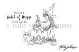 Brewing a Batch red rubber stamp set: a long-haired witch in a pointed hat stirring a bubbling cauldron over a fire with a cat and frogs at her feet, and the sentiment 'BREWING A Batch of Happy TO SEND YOUR WAY'