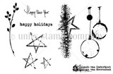 Stamp sheet for Happy Holidays: a berry sprig, hanging circle ornaments, three sketched stars and a grungy scribble bar, plus the sentiments 'Happy New Year' and 'happy holidays'.