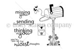 Sending My Love stamp sheet: a country mailbox with envelopes and butterflies floating from it, plus the sentiments 'missing you', 'sending love your way', 'thinking of you' and 'you're one of my nicest thoughts'.