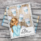 Kraft card with the coffee girl and coffee-cup paper, 'Be Strong & Courageous.'