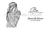 Black-and-white Dream of Being stamp set by Angie Blom: a cozy girl with coffee, 'Be Strong & Courageous' and 'Become the Woman you dream of being.'