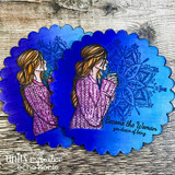 Blue scalloped cards with the coffee girl and mandala, 'Become the Woman you dream of being.'