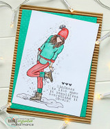 The girl in a teal sweater with a red hat and tights on a white panel with a teal frame, with "Kindness is like snow, it beautifies everything it covers."