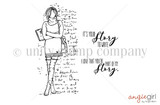 Red rubber stamp sheet: a slender AngieGirl in a sweater and skirt holding a book, with script sentiments about being part of my story.