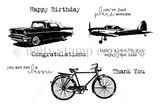 For the Guys red rubber stamp set in solid black art: a classic 1950s car, a propeller airplane and a vintage bicycle, with the sentiments “Happy Birthday,” “Thank You,” “Congratulations,” “you're just plane awesome,” “you are now a classic” and “life's a journey enjoy the ride.” Illustrated by Lisa Arana.