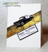White card with a gold-inked diagonal strip: the classic car with “Happy Birthday, you are now a classic.”