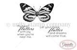 Stamp sheet: a finely etched butterfly with banded, spotted wings, and two script sentiments, 'My heart flutters with joy when you're near me.' and 'Let your hope flutter and dreams will come true.'