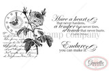 Endure stamp sheet: a vintage rose stem with a clock face over handwritten script, the Charles Dickens quote 'Have a heart that never hardens, a temper that never tires, a touch that never hurts.' and 'Endure you can make it.'