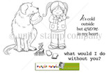 Stamp sheet for Cold Outside, Warm in my Heart: a big shaggy dog holding a knit hat in his mouth for a pigtailed girl in a coat, with her mittens and scarf on the ground, and the sentiments 'It's cold outside but warm in my heart' and 'what would I do without you?'