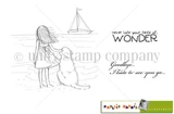 Brandy & Emma Goodbye stamp sheet: a girl with windblown hair standing at the water's edge with her arm around a big seated dog, a sailboat on the horizon, with 'never lose your sense of... WONDER' and 'Goodbye... I hate to see you go...' sentiments