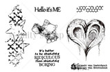 Hello It's Me red rubber stamp set from Unity Stamp Co, black line art of a splattered star cluster, a chicken wire mesh texture, a loose open flower and a dripping brushstroke heart, beside the sentiments 'Hello it's ME' and 'It's better to be absolutely RIDICULOUS than absolutely BORING'.