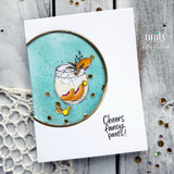 Summer cocktail shaker card with a peach drink, gold sequins, and the sentiment “Cheers fancy pants!”