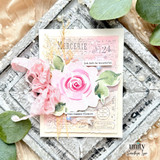 Elegant floral thank you card with a pink dahlia on a vintage-style tag and the sentiment, “Thank You for being so thoughtful.”