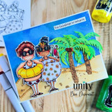 Tropical beach card with two stylish women, palm trees, and the sentiment “Too fabulous to behave.”