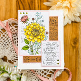 Floral appreciation card with a golden dahlia and the sentiment, “The world is better with your kindness in it.”