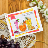 Summer cocktail card with three colorful drinks and the sentiment, “You bring the gossip. I’ll bring the garnish.”