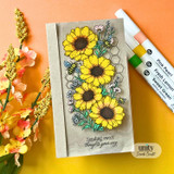 Handmade floral card featuring bright yellow sunflowers, buzzing bees, and the sentiment "Sending sweet thoughts your way."