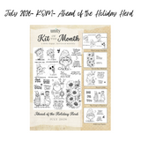 Unity Kit of the Month cover for July 2026, 'Ahead of the Holiday Herd,' showing whimsical Halloween, Christmas, and floral character rubber stamps with the month's coordinating sets.