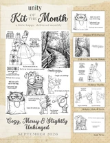 Cozy, Merry and Slightly Unhinged, the September 2026 Kit of the Month red rubber stamp set from Unity Stamp Co, shown on the full stamp sheet