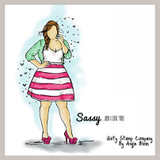 Coloured sample of the girl stamp: a woman in a mint sheer top and a pink and white striped skirt with pink heels, tiny hearts drifting around her, sentiment 'Sassy...AND I LOVE YOU.'