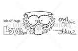 Love You This Much red rubber stamp set: an owl spreading its wings wide in a flurry of hearts, with 'lots of hugs', 'owl my love', 'Love you' and 'i love you this much'.