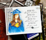 Card with a blue-gown grad girl in watercolor, 'Behind you all your memories, before you all your dreams' verse.