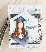 Card with the grad girl on a hexagon, 'You did it! Congrats.'