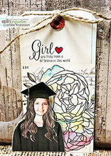 Kraft tag card with Angie Blom's graduation girl in cap and gown among roses, 'Girl, you truly make a difference in this world.'