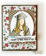 Red-matted card with the grad girl in a floral arch, 'Congratulations couldn't be more proud of you.'