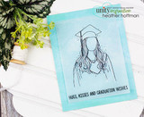 Soft aqua card with the sketchy grad girl, 'Hugs, kisses and graduation wishes.'