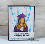 Card with a purple-gown grad girl over blue-streaked paper, 'This is the beginning of anything you want.'