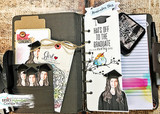 Traveler's-journal spread with grad girls and a robin, 'Hats off to the graduate.'