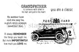 You Are A Classic red rubber stamp set from Unity Stamp Co, black line art of a vintage open top motorcar stamped over a postcard back with postmark and handwriting, beside the sentiments 'you are a classic', 'Grandfather is someone with silver in his hair and gold in his heart', 'No matter how old she may be, a girl will always need her dad' and 'I'll always remember the things you taught me. But more importantly, how much you love me'.