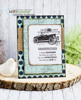 Card with the vintage car postcard stamped in black on cream, framed in kraft over aqua map paper and navy polka dots with burlap trim, the grandfather sentiment stamped beneath the car.