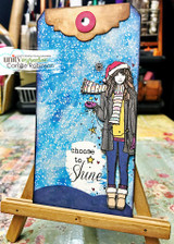 Mixed-media canvas card of a single AngieGirl on a deep blue splattered background with "choose to Shine."