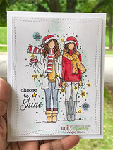 Card with two colored AngieGirls in scarves and pom-pom hats under snowflakes, stamped "choose to Shine."