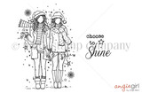 Line-art red rubber stamp of two AngieGirls in winter coats and hats beside the script sentiment "choose to Shine."
