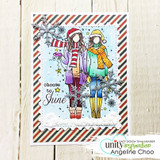 Bright card of the AngieGirl duo in red and mustard winter outfits with rainbow snowflakes and "choose to Shine."