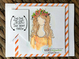 Orange striped card with the long-haired gal. Find your tribe love them hard banner.