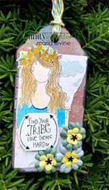 Watercolor tag with the flower-crown girl and the tribe sentiment with tiny flowers