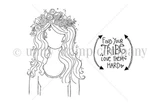 Planner Gal Love Them red rubber stamp art by Angie Blom. Flower-crowned girl with 'Find your tribe love them hard' sentiment.