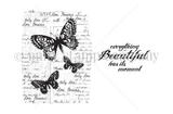 Red rubber stamp sheet with a background of handwritten script overlaid with four detailed butterflies, plus the sentiment "everything Beautiful has its moment".